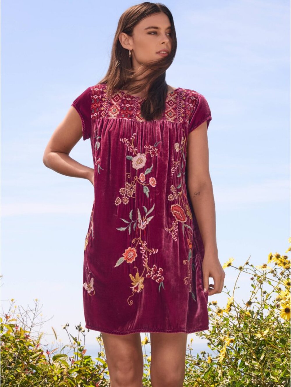 $340 Johnny Was Suki Petal Sleeve Tunic Dress Purple Velvet Mini Boho Chic S